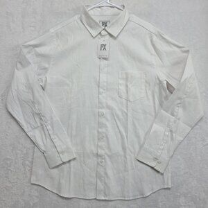 PX Clothing Mens White Long Sleeve Button Front Shirt Size L Luxury Professional